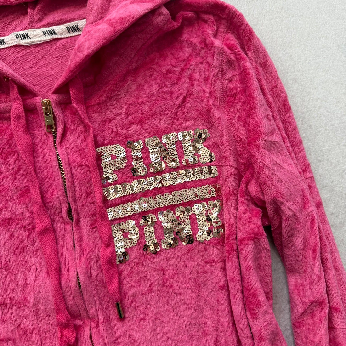Victoria's Secret PINK Vibrant Pink Velour Zip-Up Hoodie Gold Sequin Logo Size S