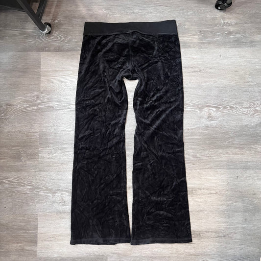 Vintage Juicy Couture Women's Jet Black Velour Wide Leg Track Pant Logo Size L