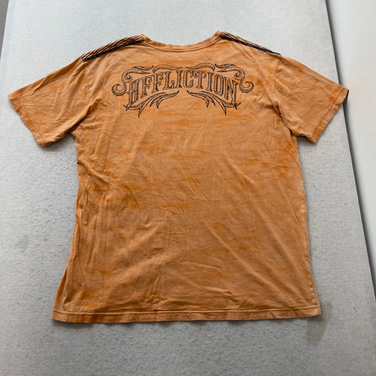 Affliction T-Shirt Men's Orange Cotton Y2K Graphic Short Sleeve Tee Size 2XL