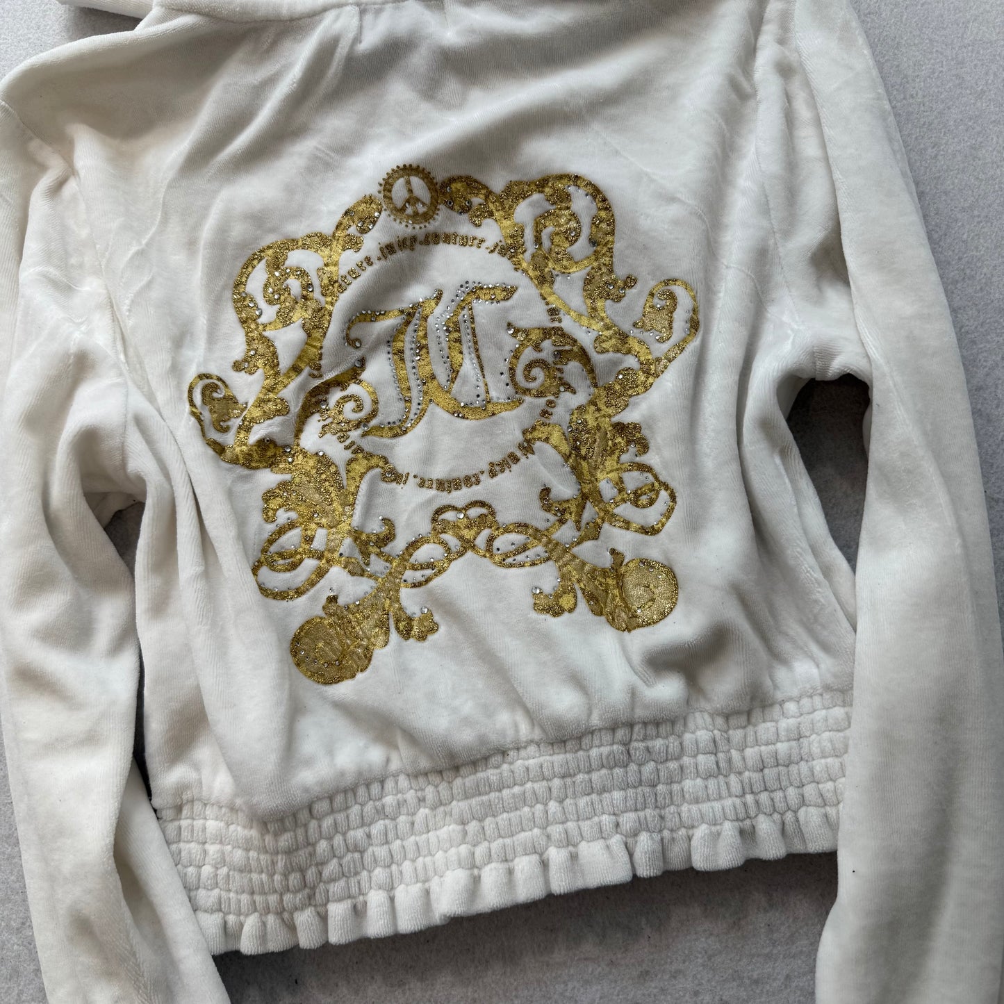 Juicy Couture Women's White Velour Zip Up Cropped Hoodie Rhinestones Logo Size M