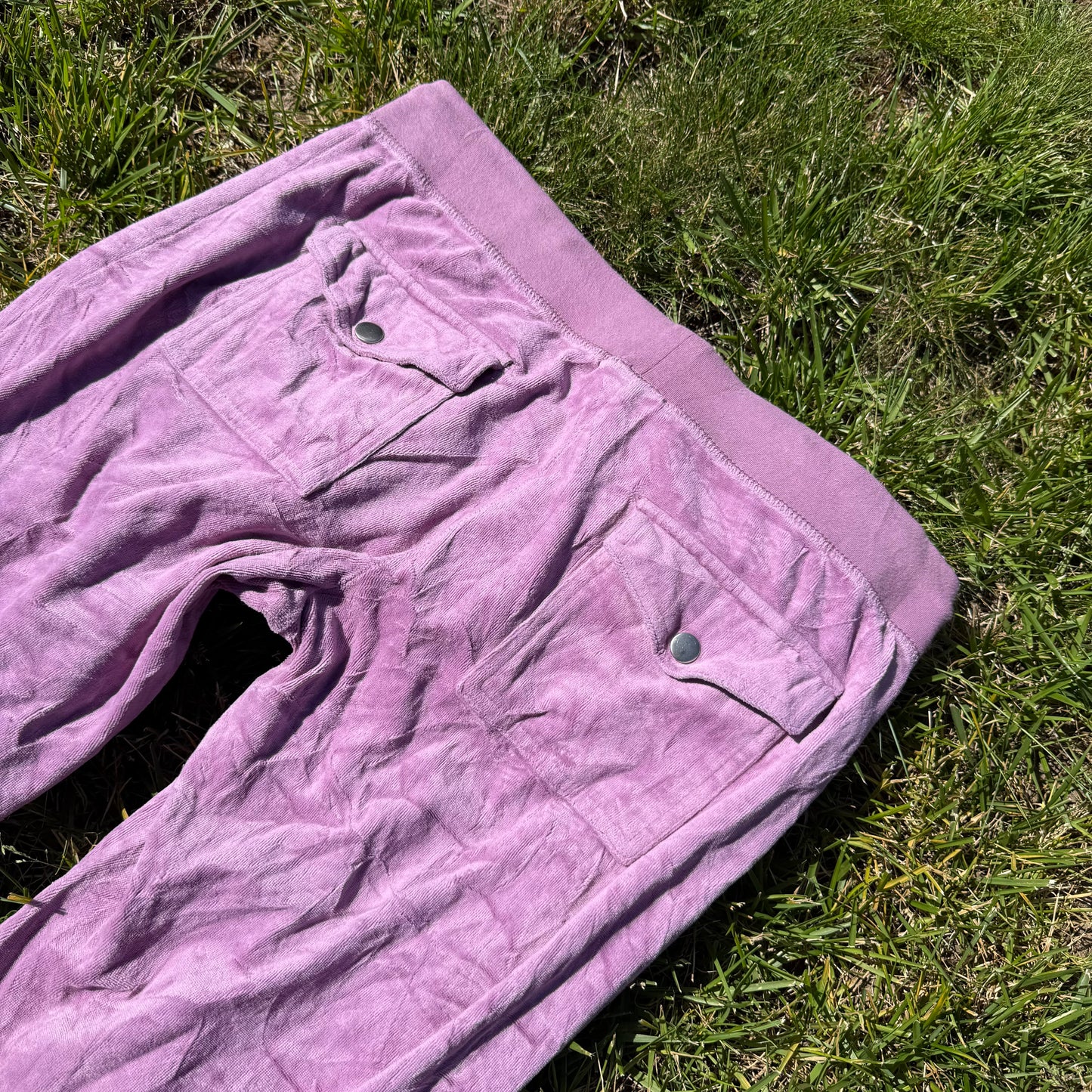 Vtg Juicy Couture Women's Lavender Velour Flared Track Pant Snap Pockets Size L