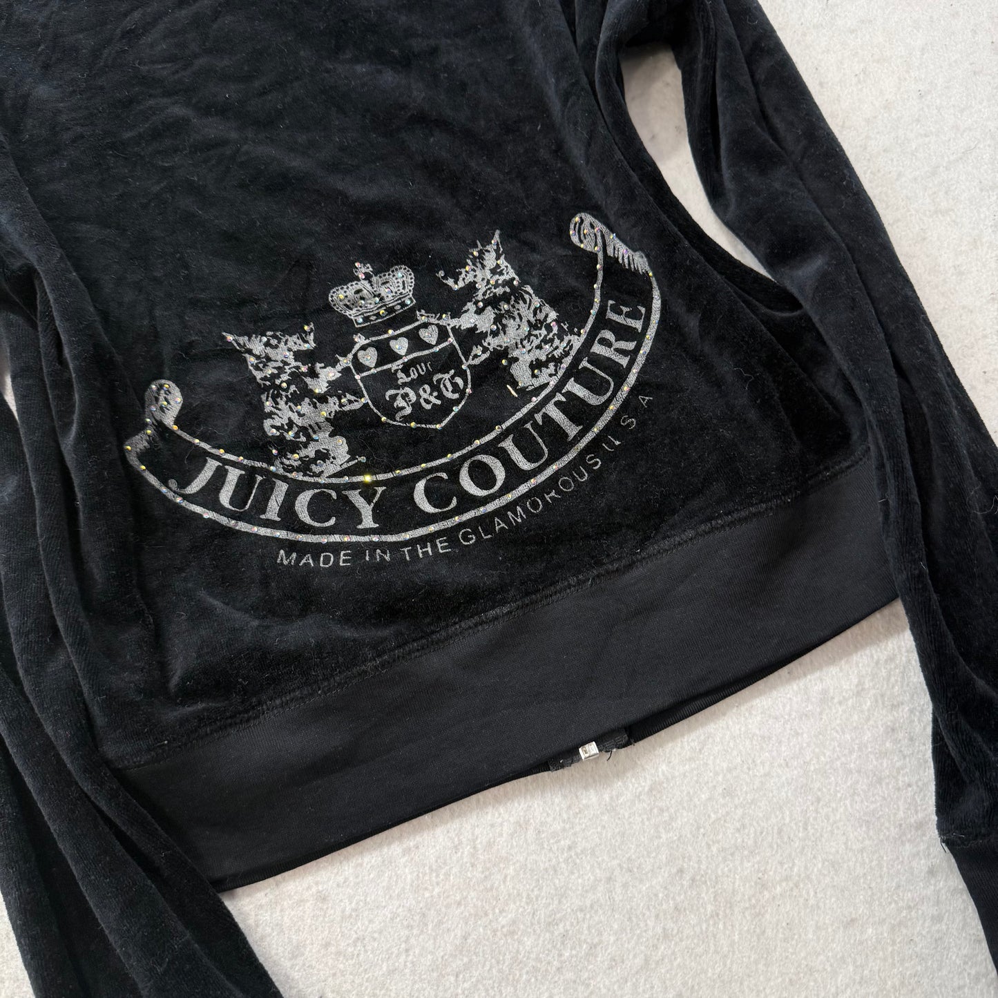 Juicy Couture Black Velour Tracksuit Set Zip Up Hoodie & Straight Pants Size L