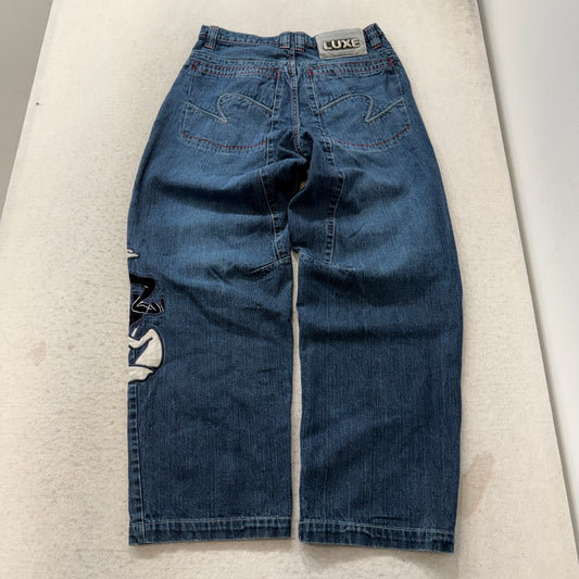 Vintage Lot 29 Luxe Men Blue Baggy Denim Jeans Looney Tune Daffy Duck Patch - 32