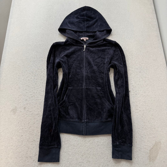 Juicy Couture Women's Navy Velour Full Zip Hoodie Rhinestone Crown Logo Size M
