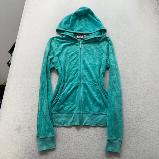 Vtg Juicy Couture “Let There Be Juicy Couture” Women's Teal Velour Hoodie Size L