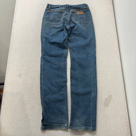 Wrangler Mens Blue Straight Denim Jeans Cowboy Cut Distressed Classic Size 32x34