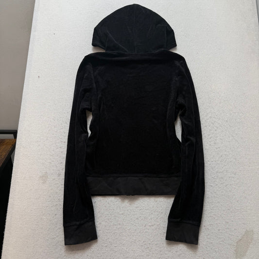 Juicy Couture Womens Black Velour Zip-Up Hoodie Pockets Embroidered Logo Size XL