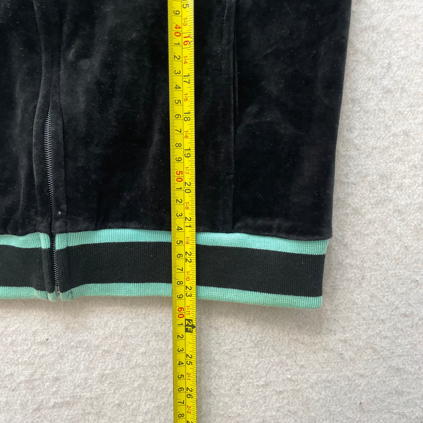 Vintage Juicy Couture Women Black Velour Zip-Up Track Jacket Teal Striped Size S