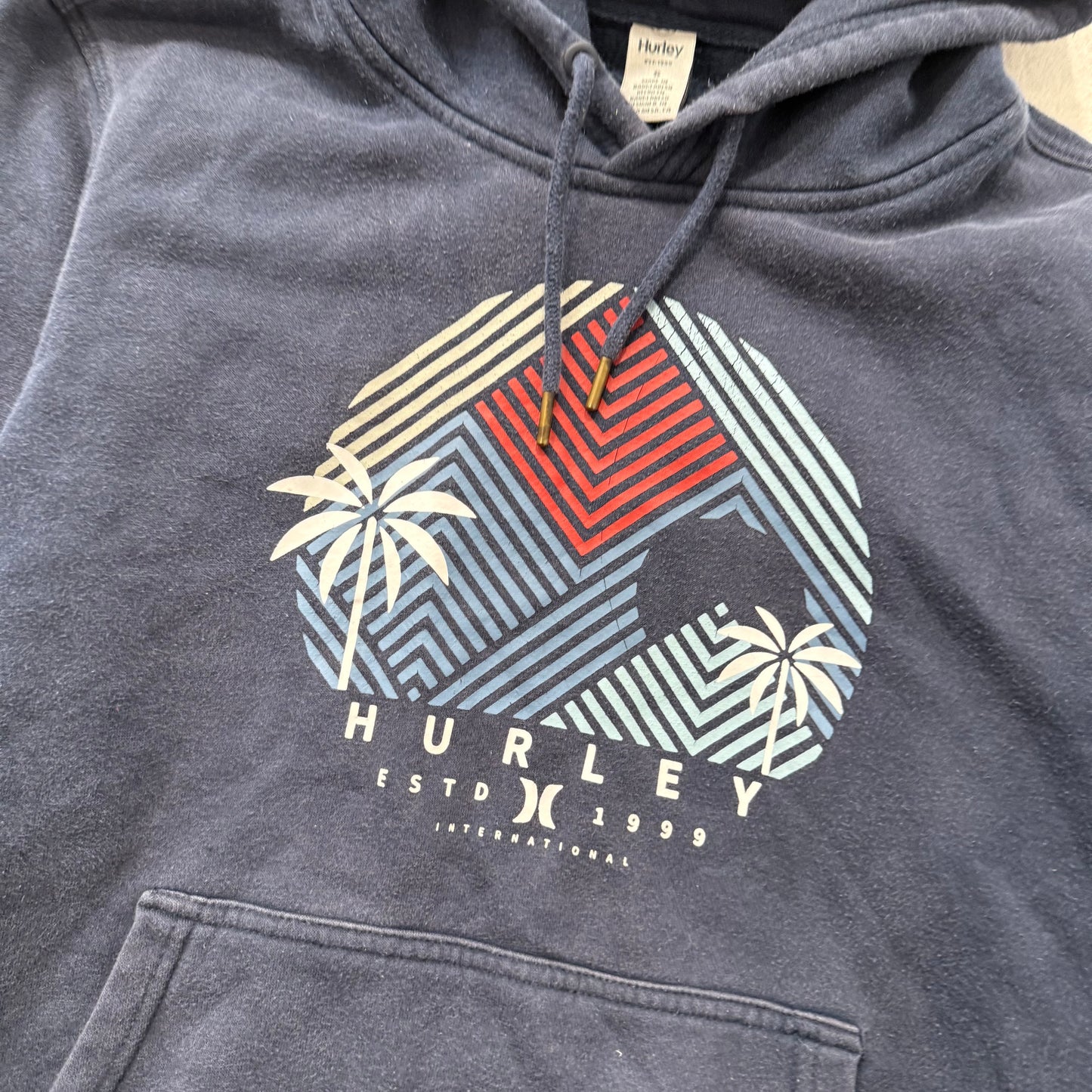 Hurley Palm Tree Graphic Men's Navy Blue Pull-Over Hoodie Kangaroo Pocket Size S