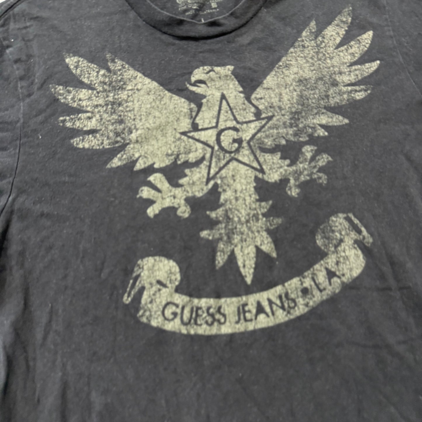 Guess Jeans Men's Faded Black Cotton T-Shirt Short Sleeves Rock Style Tee Size L