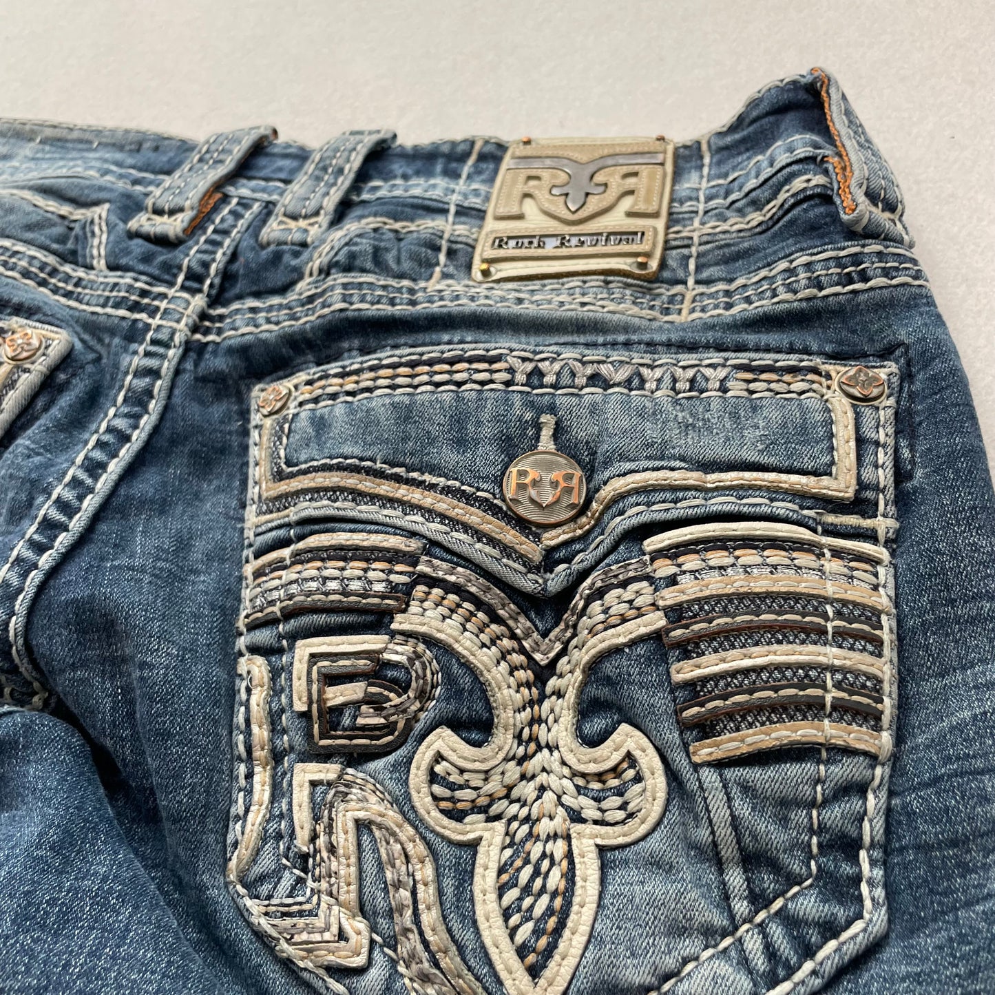 Rock Revival Joe Men's Blue Slim Straight Jeans Embroidered Flap Pockets Size 32