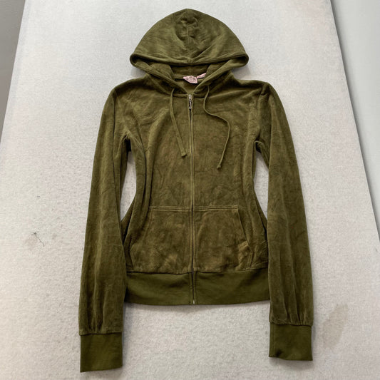 Vintage Juicy Couture Women's Olive Green Velour Zip-Up Hoodie Crown Logo Size L