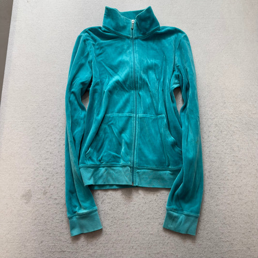 Vintage Juicy Glitter Couture Women's Aqua Blue Velour Track Jacket Logo Size L