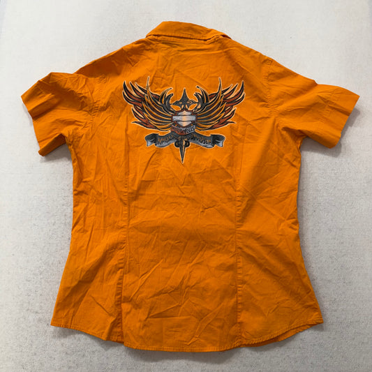 Harley-Davidson Women's Orange Cotton Blend Button-Up Shirt Short Sleeves Size L