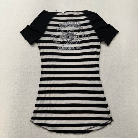 Harley-Davidson Women's Black White Striped Top Raglan Cut Curved Hem Y2K Size S