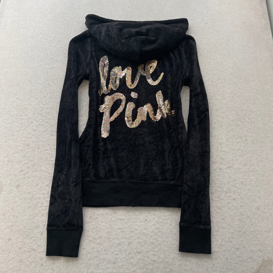 Victoria's Secret PINK Womens Black Velour Zip-Up Hoodie Sequin Back Logo Size S