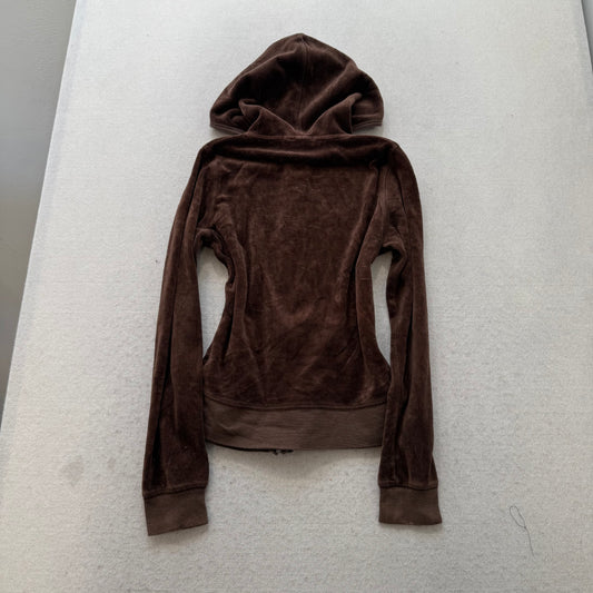 Vintage Juicy Couture Women's Brown Velour Zip Up Hoodie Kangaroo Pockets Size S