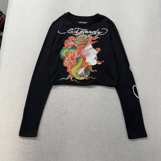 ED HARDY “Snake Girl” BLACK LONG SLEEVE CROPPED BABY TEE