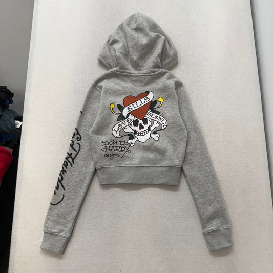 ED HARDY “LKS Skull” GREY CROPPED ZIP UP HOODIE