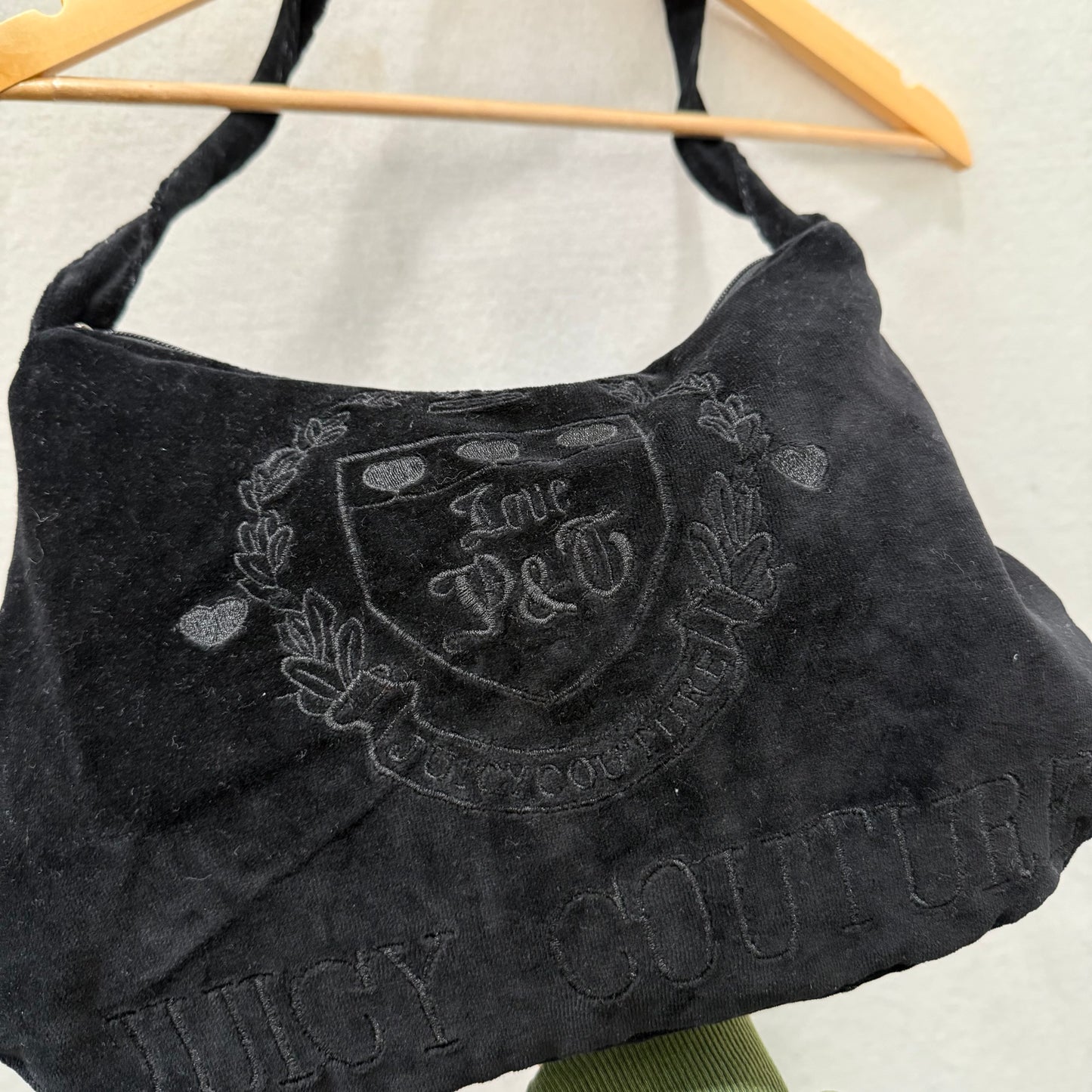 Juicy Couture Women's Black Velour Embroidered Crest Handmade Hobo Bag Size M