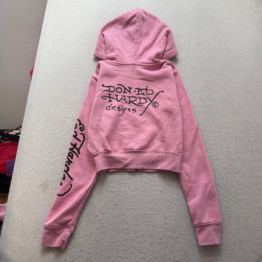 Ed Hardy Skull Eagle Women's Pink Zip-Up Cropped Hoodie Tattoo Graphic Size S