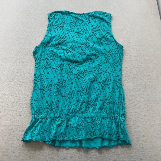 Southpole Women's Teal Beaded Neck All Over Print Tank Top Cinch Y2K Size XL
