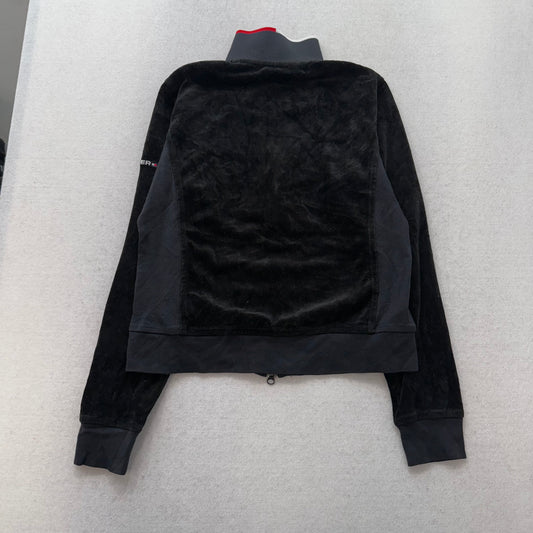 Tommy Hilfiger Women's Black Velour Full Zip Track Jacket Mock Neck Y2K Size M