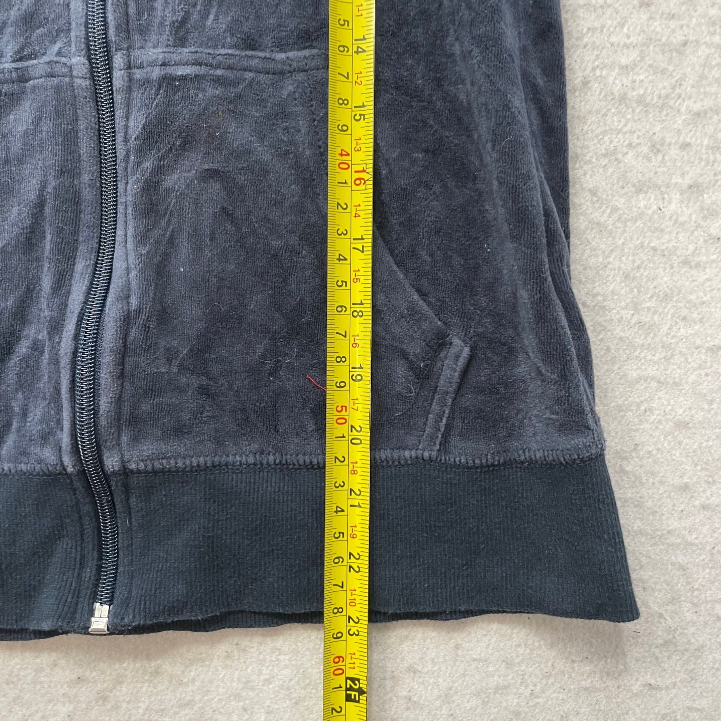 Vintage Juicy Couture Womens Navy Velour Zip-Up Hoodie Pockets Drawstring Size S