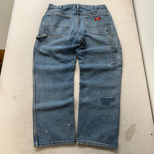 Dickies Men's Blue Carpenter Denim Jeans Distressed Logo Relaxed Fit Size 36x30