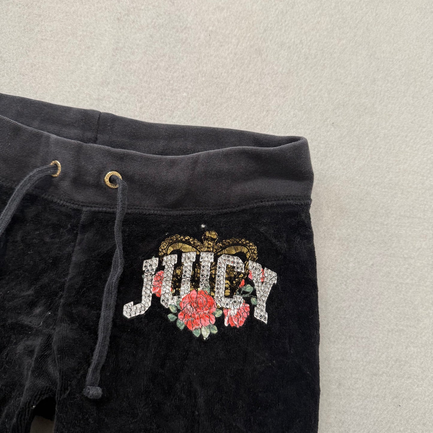 Juicy Couture Women's Black Velour Flared Track Pant Rhinestones Logo Y2K Size 7