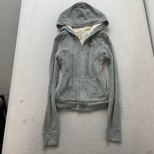 PINK Victoria's Secret Women's Heather Gray Velour Zip Up Hoodie Fur Trim Size S
