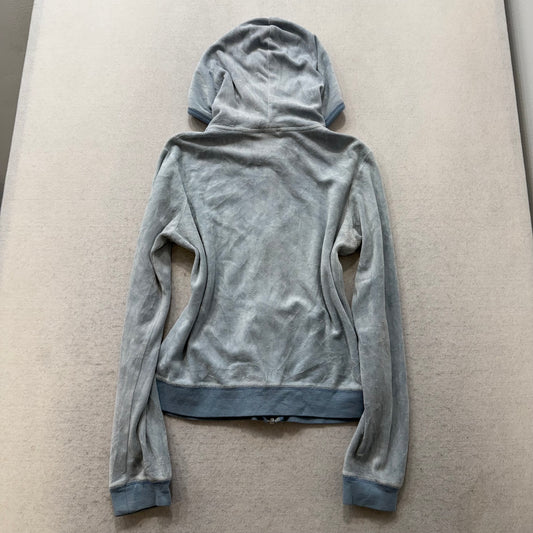 Vintage Juicy Couture Women's Dusty Blue Velour Zip Up Hoodie Pockets Size L