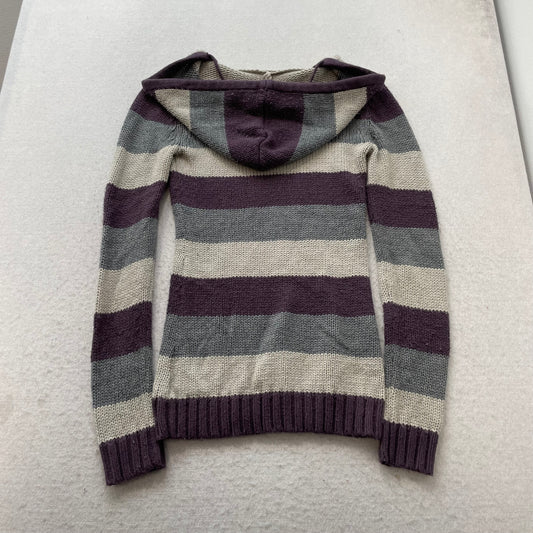 Arizona Jean Co Women's Purple Gray Striped Knit V-Neck Hooded Sweater Size S