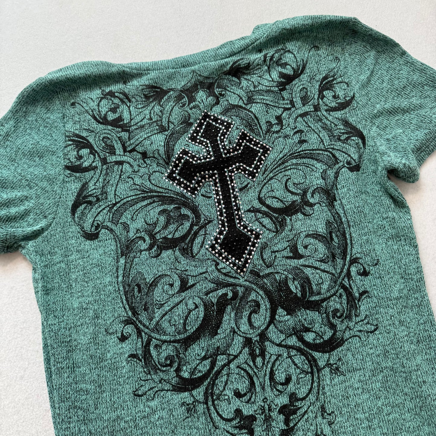 Vocal Women's Blue Green Cross Graphic V-Neck Top Rhinestone Stretch Size M