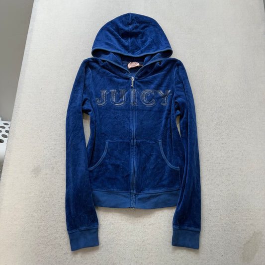 Vintage Juicy Couture Womens Royal Blue Velour Zip Up Hoodie Graphic Logo Size L