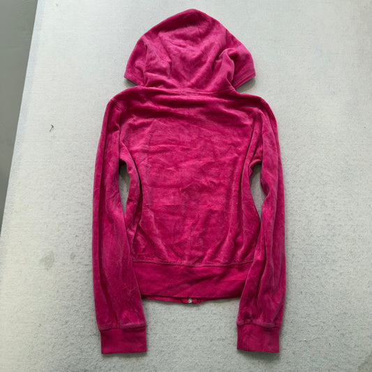 Juicy Couture Women Dark Hot Pink Velour Zip-Up Hoodie Loungewear Pockets Size M
