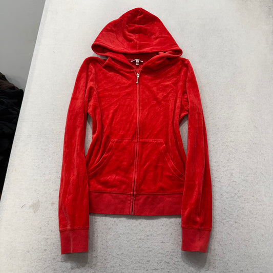 Juicy Couture Women's Red Velour Full Zip Hoodie Rhinestone Crown Logo Size M