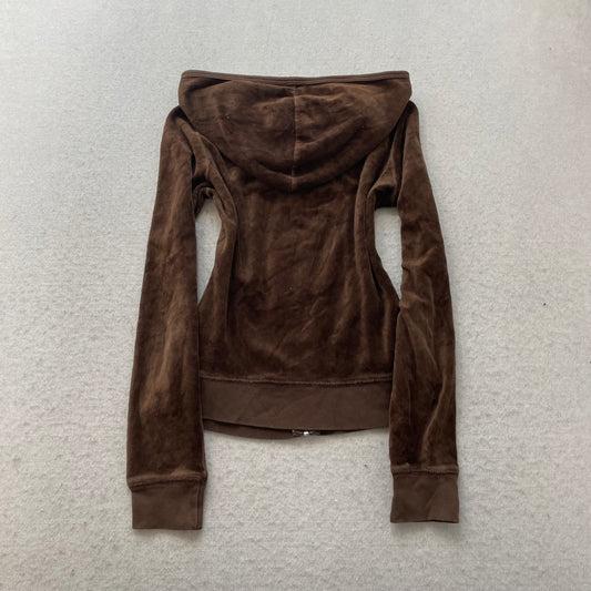 Vintage 90s Juicy Couture Women's Dark Brown Velour Zip-Up Hoodie Loungewear - S