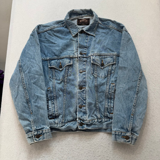 Vtg Butterfield Stage DirecTV Men's Blue Light Wash Denim Trucker Jacket Size L