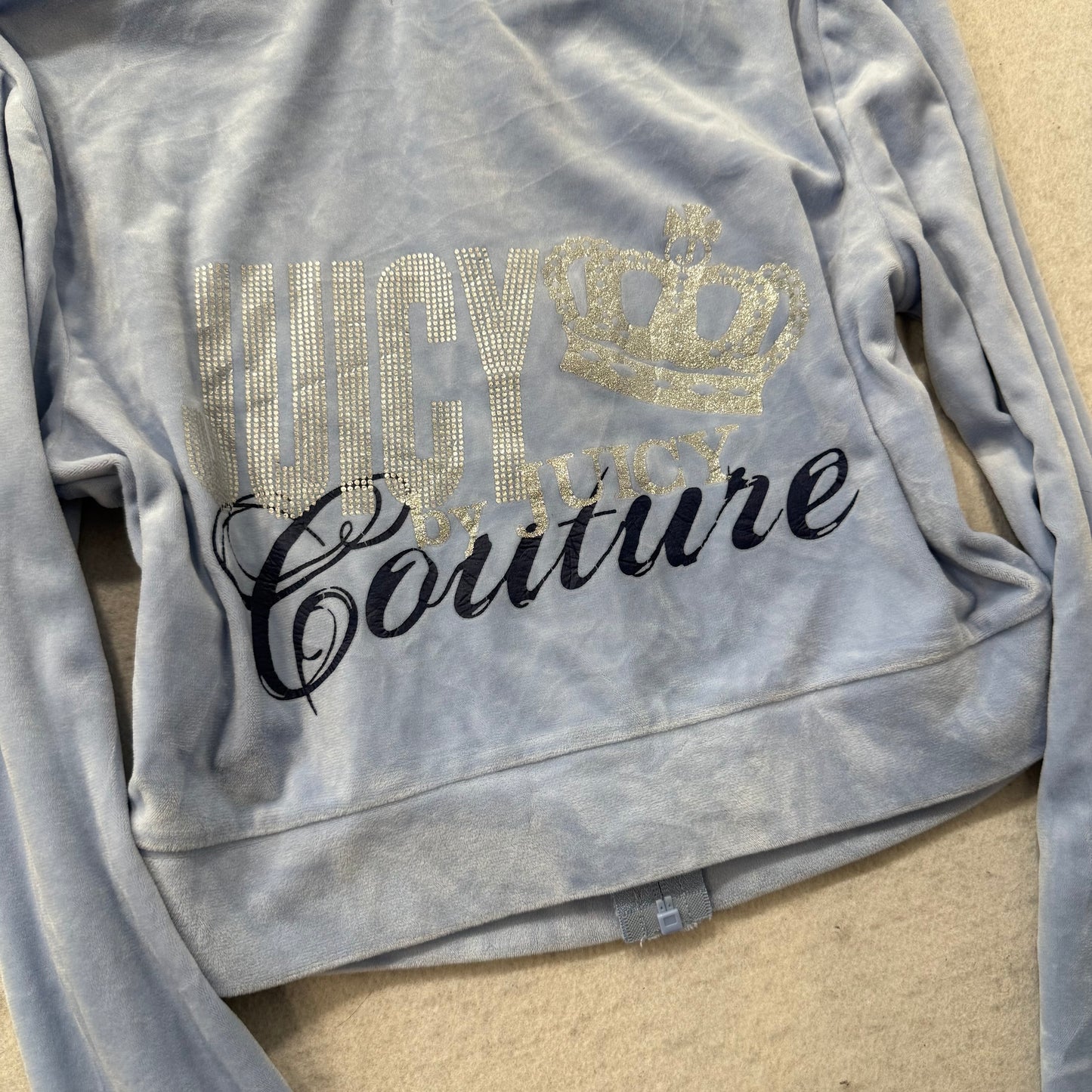 Juicy Couture Women Powder Blue Velour Zip Up Cropped Hoodie Graphic Logo Size S