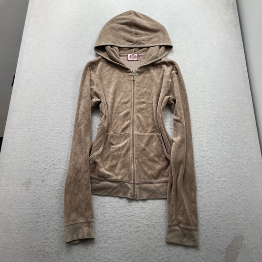 Juicy Couture Scottie Dogs Women's Tan Velour Zip-Up Hoodie Rhinestones Size XL