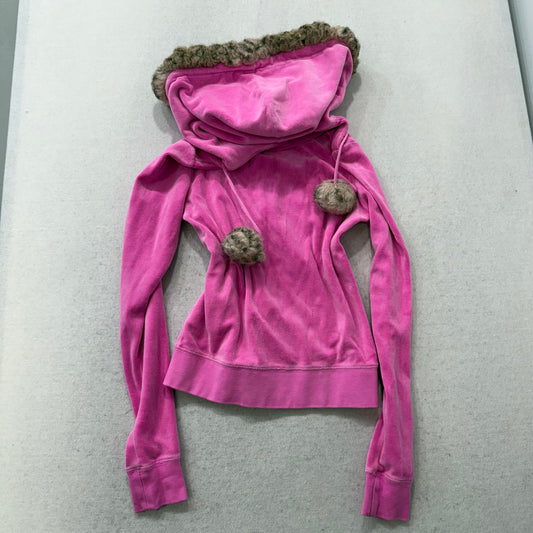 Juicy Couture Hot Pink Velour Zip-Up Hoodie Faux Fur Hood with Pom-Poms Size S