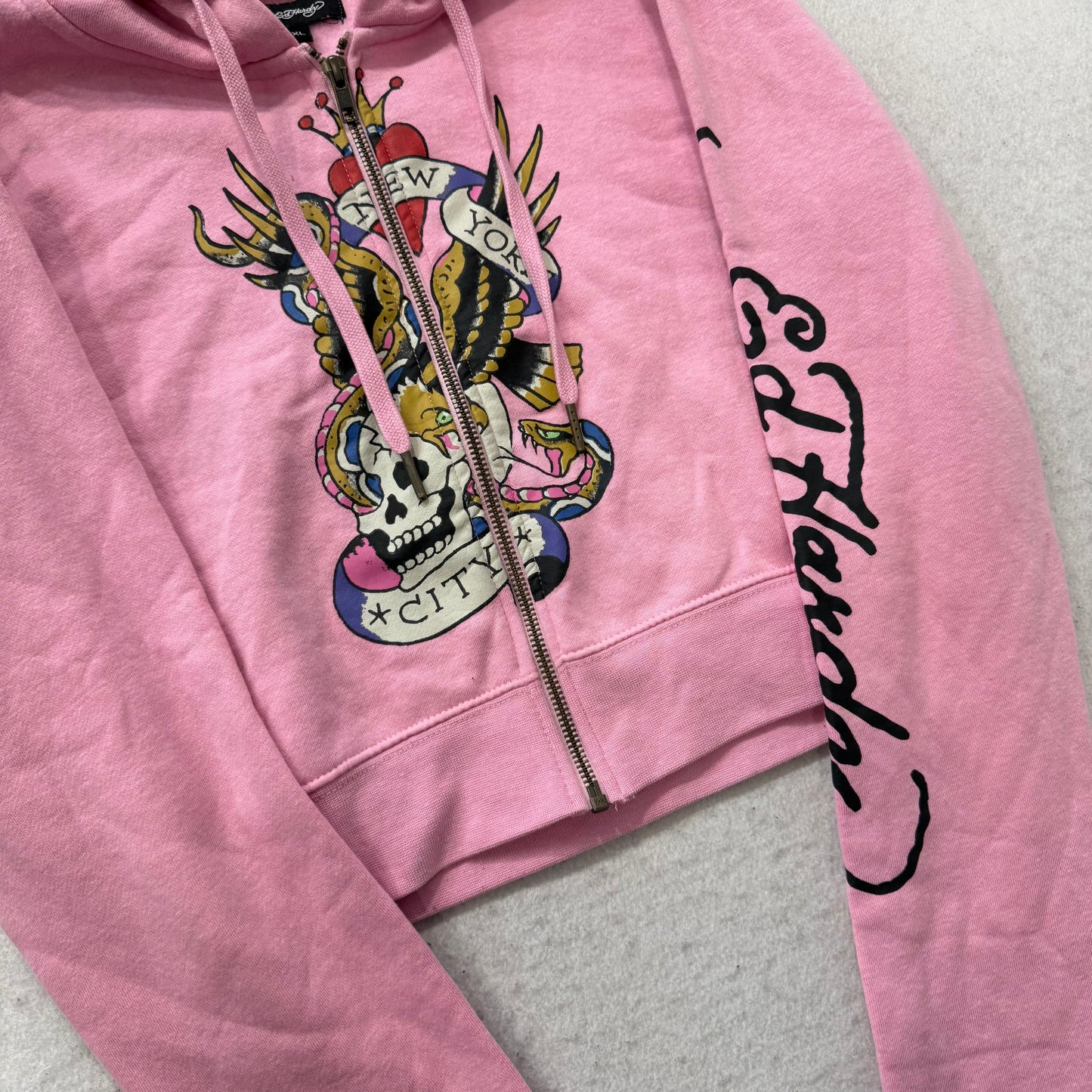 Ed Hardy Women's Baby Pink Velour Full Zip Cropped Hoodie Graphic Logo Size XL