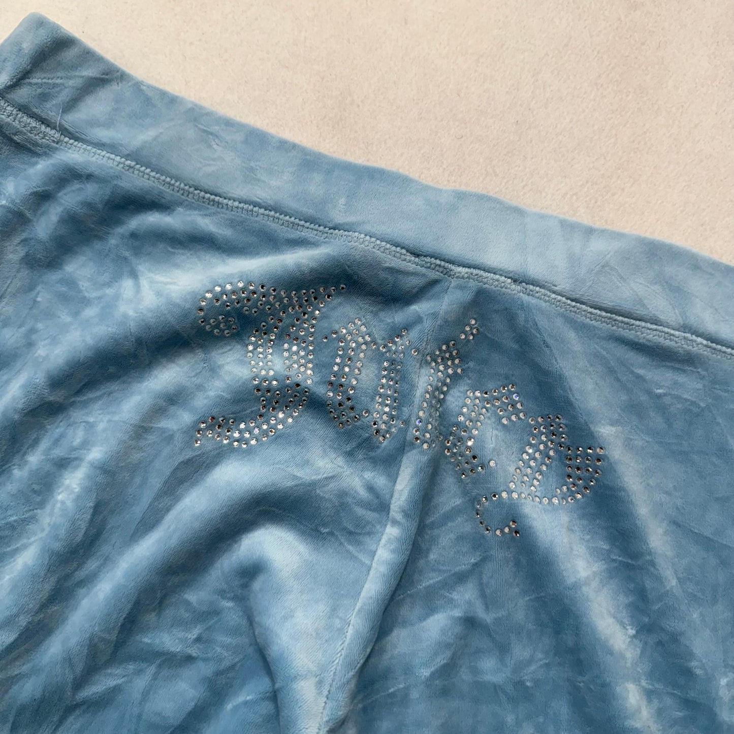 Juicy Couture Women's Ice Blue Velour Flared Track Pant Rhinestones Logo Size XL