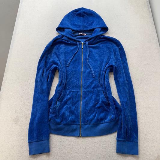 Juicy Couture Women Blue Velour Zip-Up Hoodie Loungewear Rhinestones Logo Size L