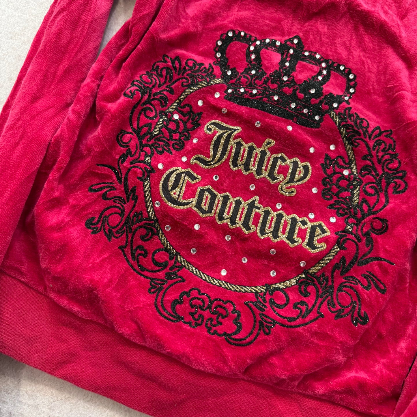 Juicy Couture Women's Red Velour Zip-Up Hoodie Rhinestones Graphic Logo Size XS