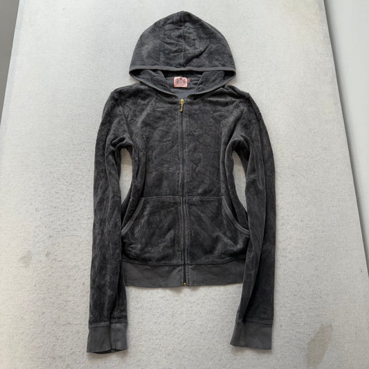 Juicy Couture Womens Charcoal Grey Velour Hoodie Rhinestone Rose Graphic Size XL