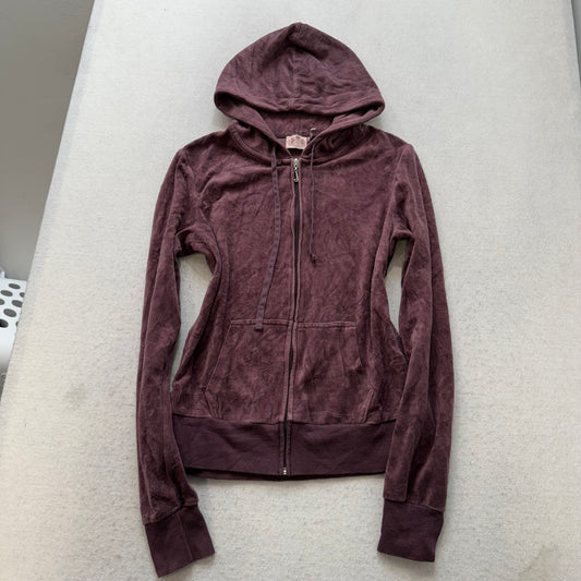 Juicy Couture Women's Brown Velour Zip-Up Hoodie Pockets Graphic Logo Size M
