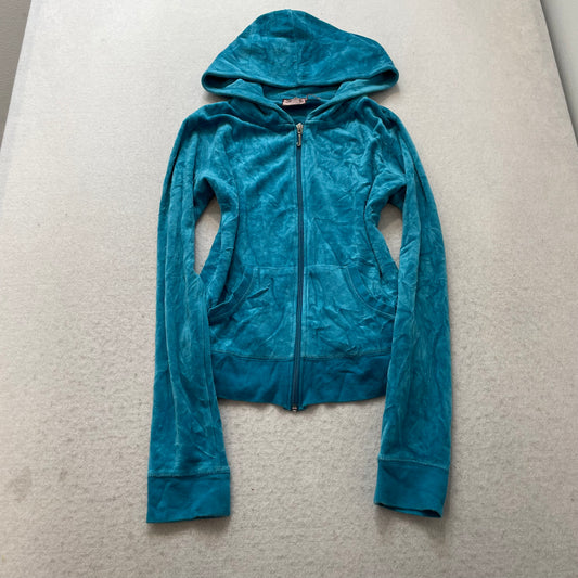Vintage Juicy Couture Women's Turquoise Velour Zip-Up Hoodie Rhinestones Size L