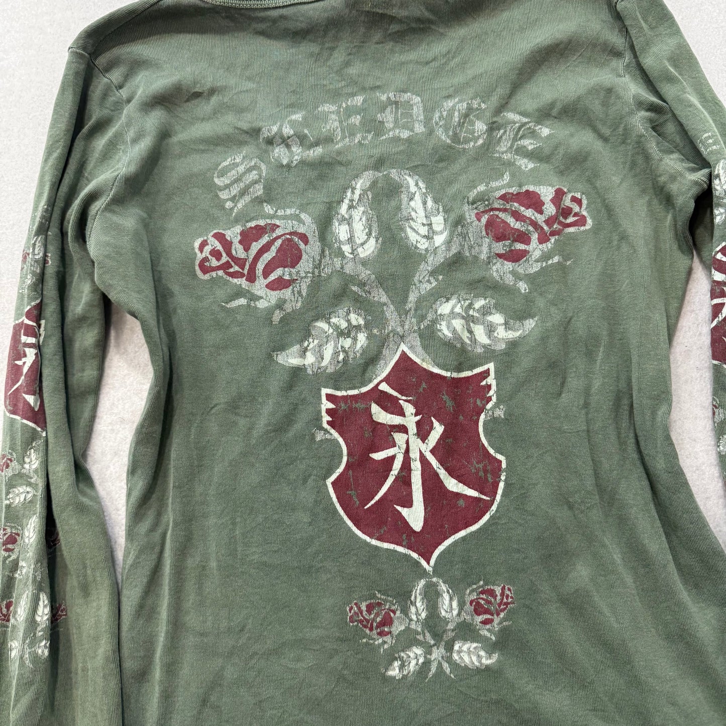 Sledge Women's Olive Green Cotton Top Long Sleeves Kanji Characters Logo Size XL